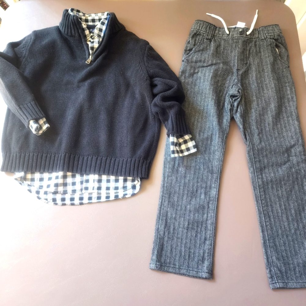 Gap checked oxford shirt, black cotton sweater, black herringbone pull on pants